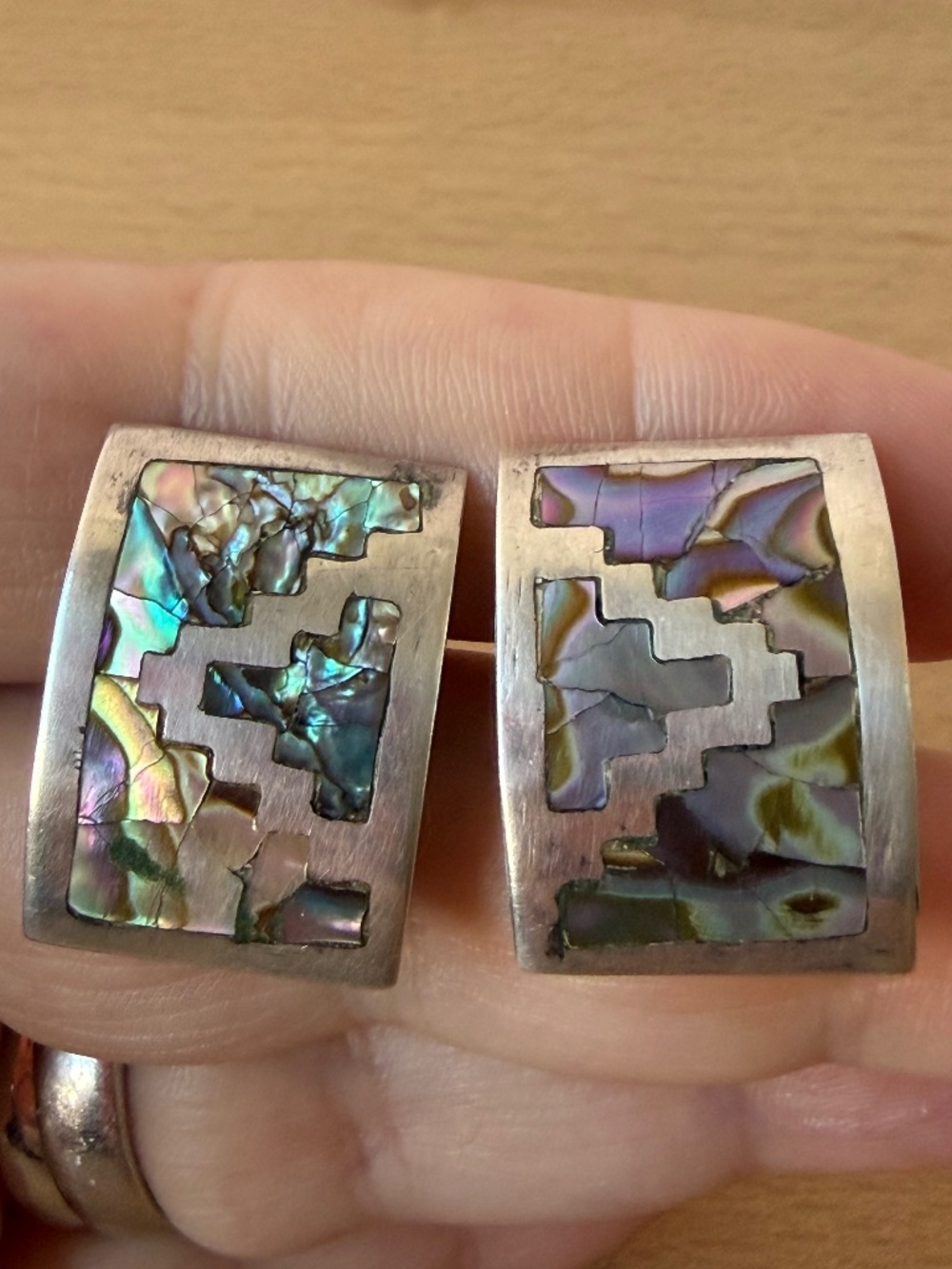 VINTAGE MEXICO MOTHER OF PEARL ABALONE LARGE STATEMENT EARRINGS 925 STERLING